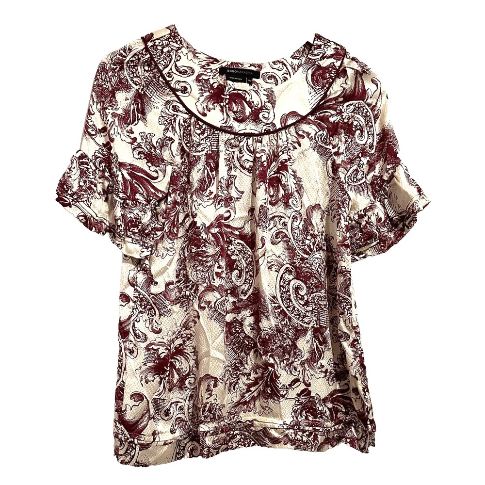 BCBGMAXAZRIA Blouse Womens XXS Silk Burgundy Cream Baroque Paisley Floral Top